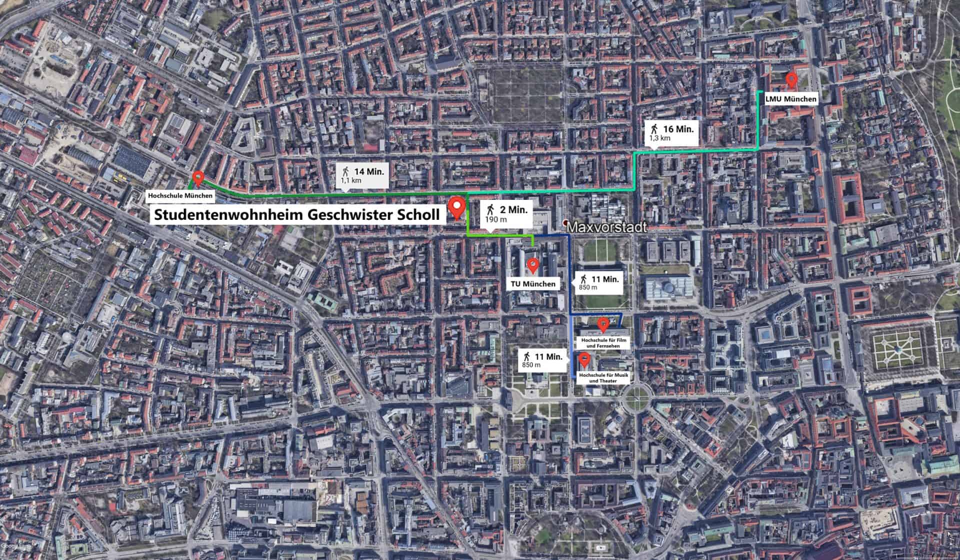 Routes from Schollheim to Munich's universities