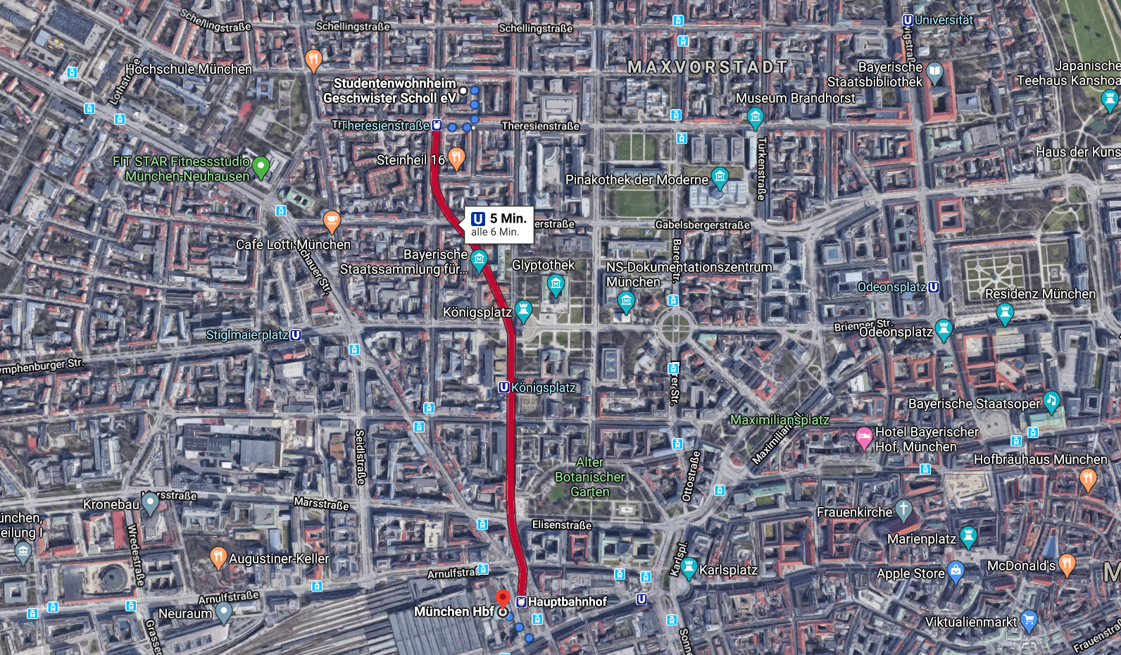 Route from Schollheim to the main station with U2
